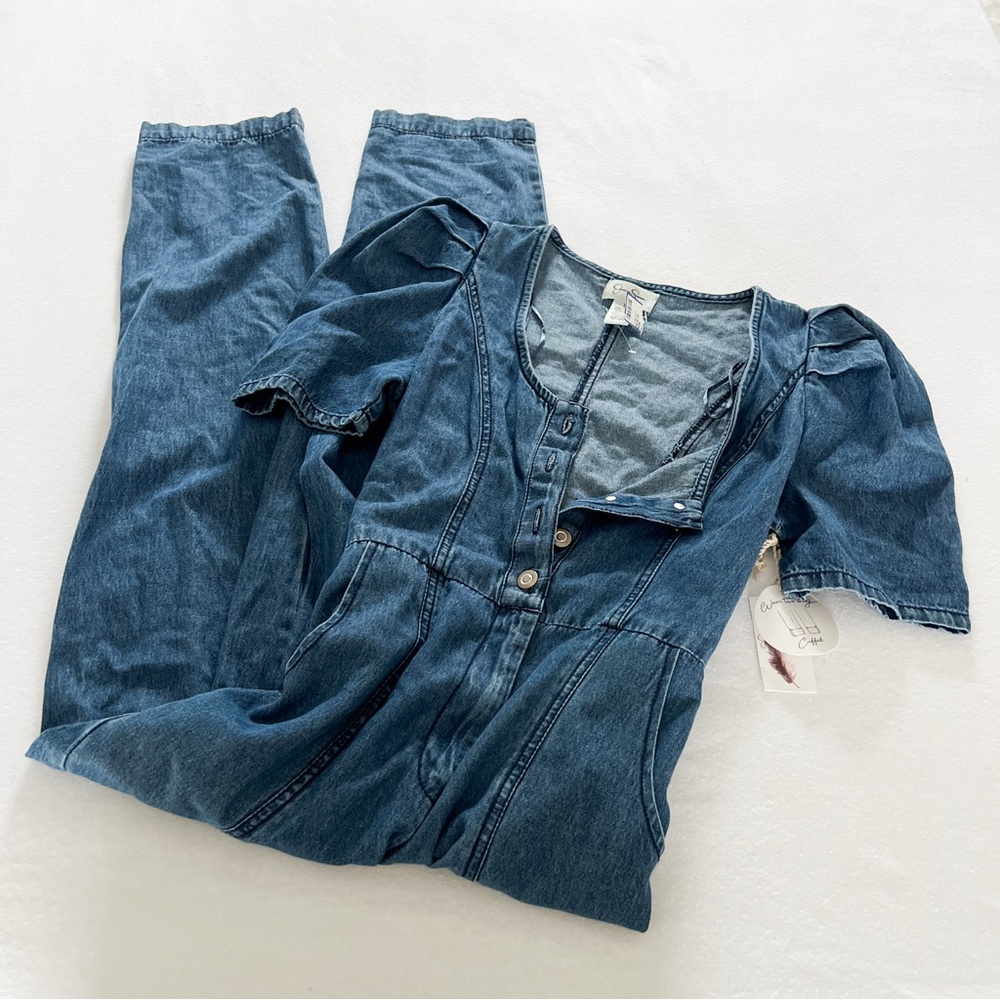 Jessica Simpson Blue Denim Jumpsuit with Puff Sleeves